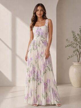 NEW - Elegant Cream & Lavender Floral Pleated Maxi Dress